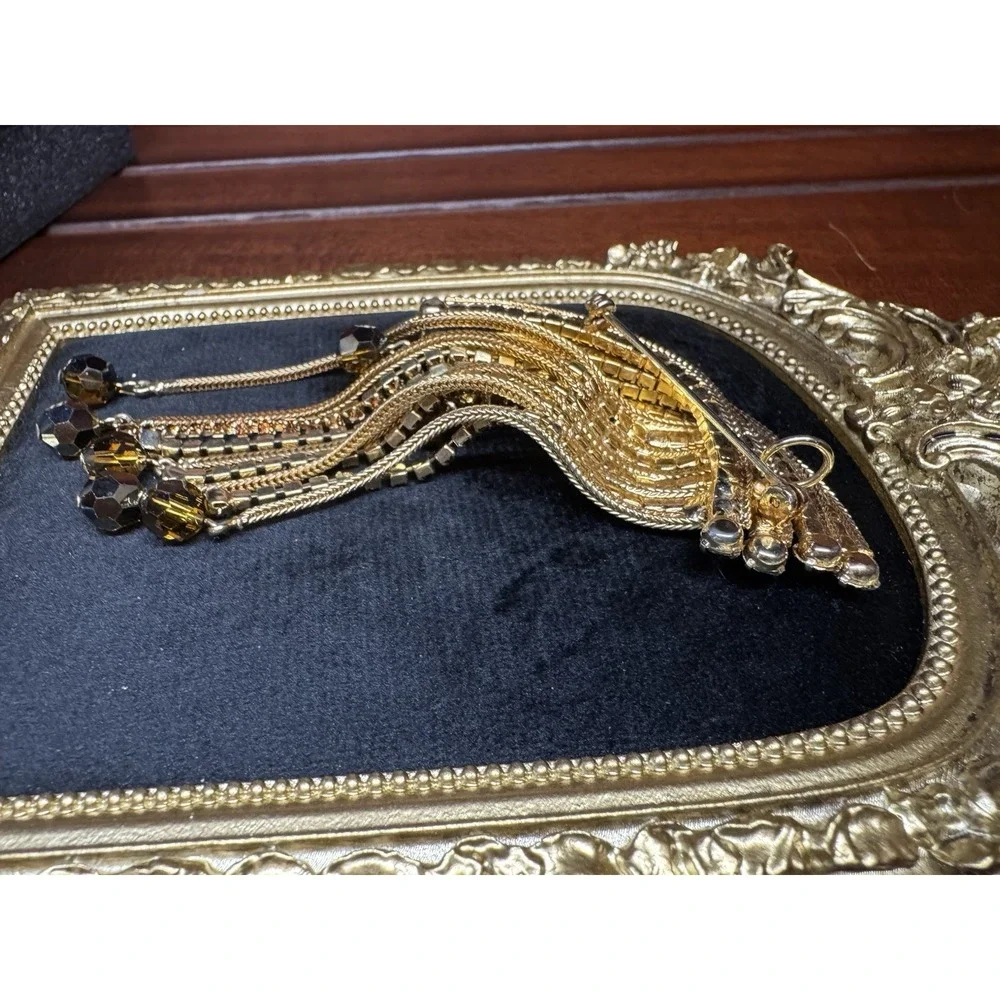 Vintage Gold Tone‎ Waterfall Tassel Brooch Rhinestone Faceted Bead Dangle